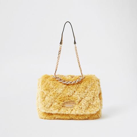 Yellow Faux Fur Quilted Shoulder Bag