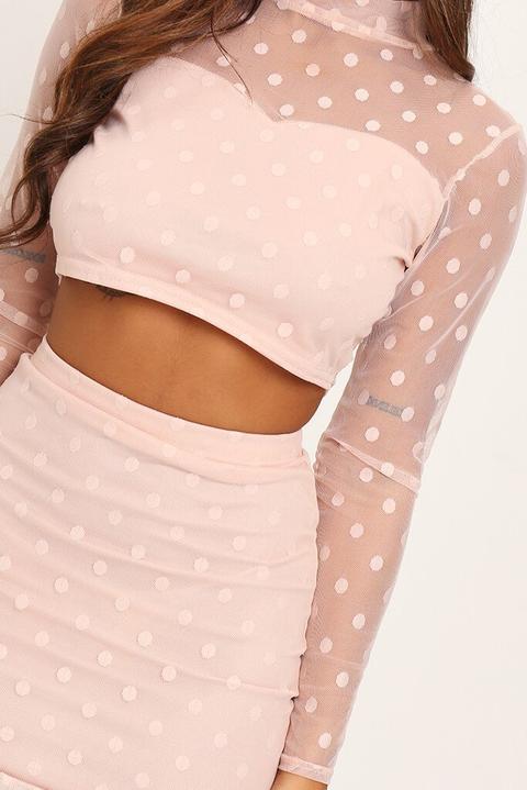 Nude Dobby Mesh Frill Sleeve Crop Top