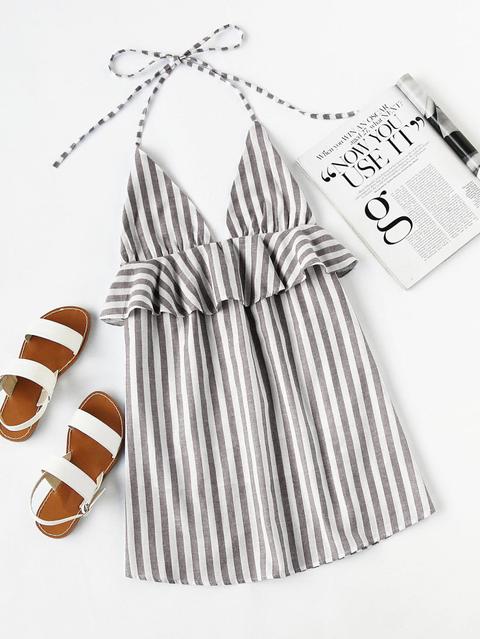 Halter Neck Vertical Striped Frill Trim Dress