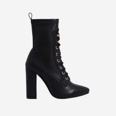 black lace up block heel ankle boots