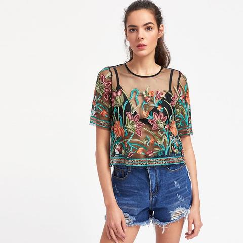 Top A Rete Con Ricamo Botanico