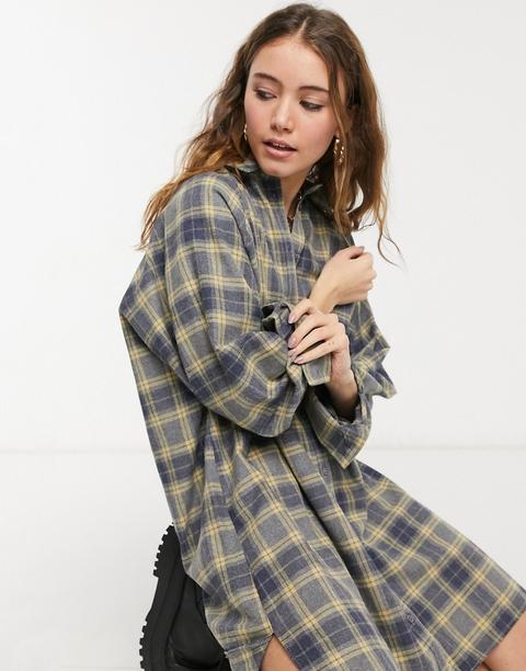 Asos Design Oversized Boyfriend Mini Shirt Dress In Navy Yellow Check-multi