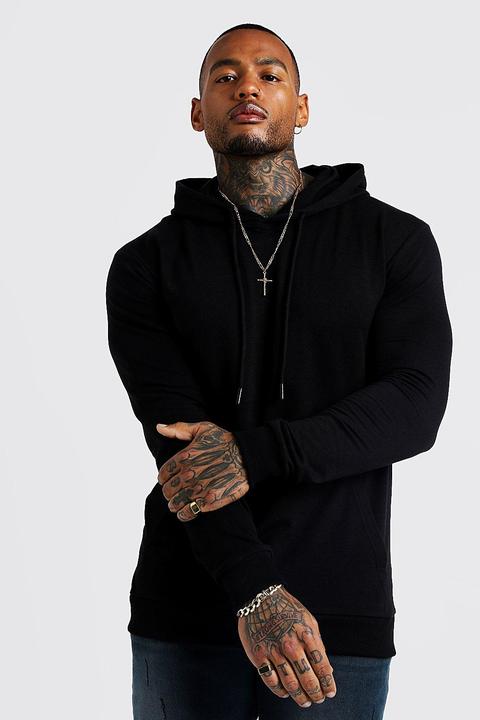 Mens Black Basic Muscle Fit Over The Head Hoodie, Black