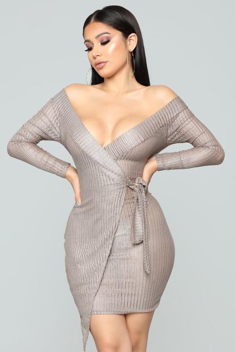 Around And About Metallic Dress - Mocha/silver