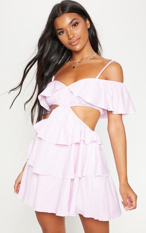 Pink Stripe Bardot Tiered Cut Out Shift Dress