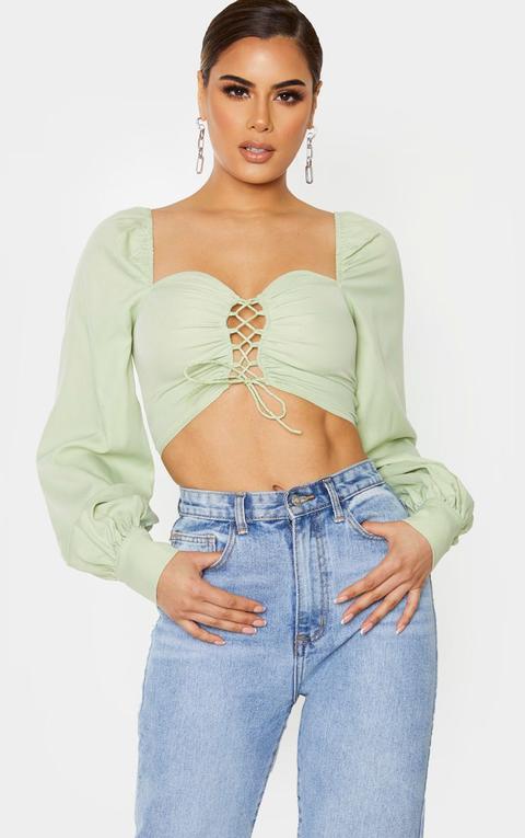 Tall Sage Green Lace Up Long Sleeve Cropped Blouse