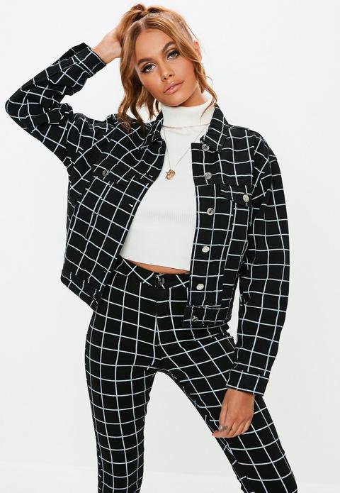 Black Co Ord Denim Grid Print Oversized Jacket, Black