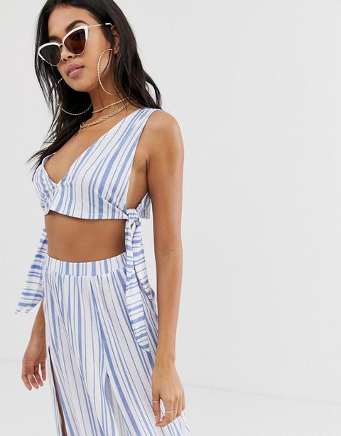 Asos Design Jersey Beach Crop Top With Tie Sides In Stripe Co-ord