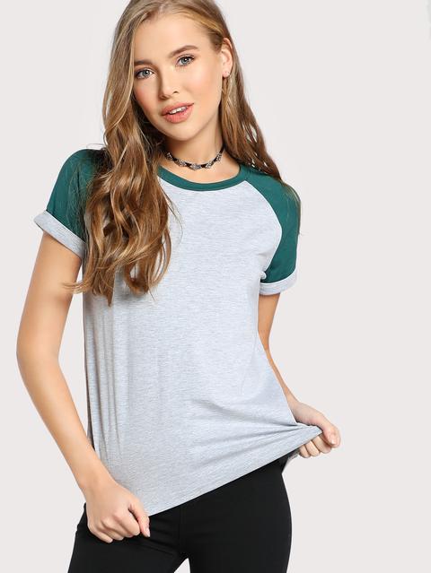Contrast Cuffed Raglan Sleeve Heathered Tee