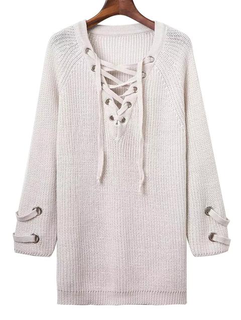 Lace Up V Neck Solid Color Sweater