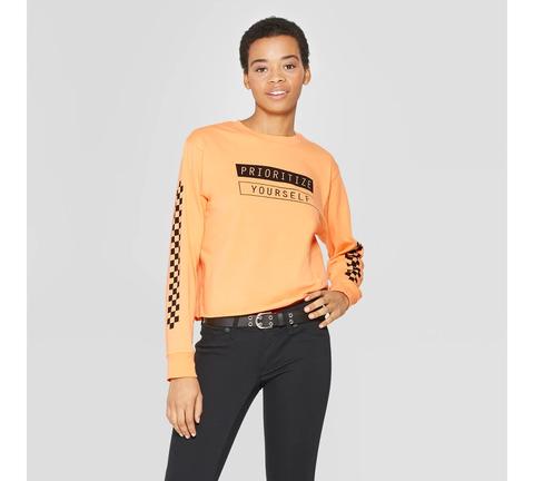 Women's Long Sleeve Priotize Yourself T-shirt - (juniors') Mighty Fine Orange
