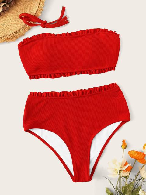 Set Bikini Bandana E Vita Alta Con Volant A Costine