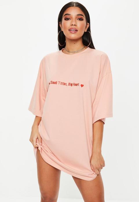 Pink Oversized Short Sleeve Slogan T-shirt Dress, Pink