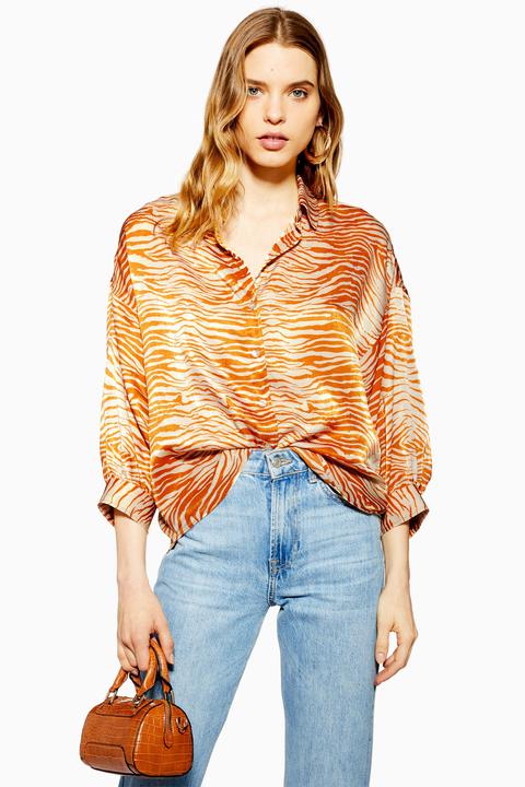 Womens Petite Zebra Print Shirt - Orange, Orange