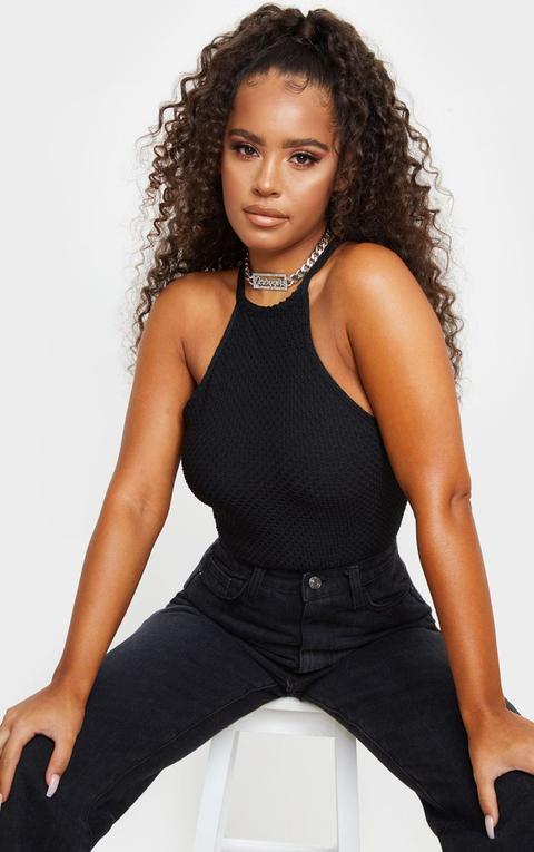 Black Textured Racer Bodysuit