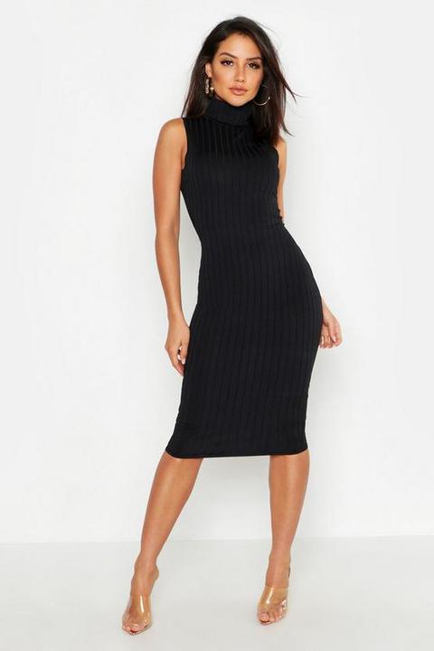 Ribbed High Neck Sleeveless Midi Dress