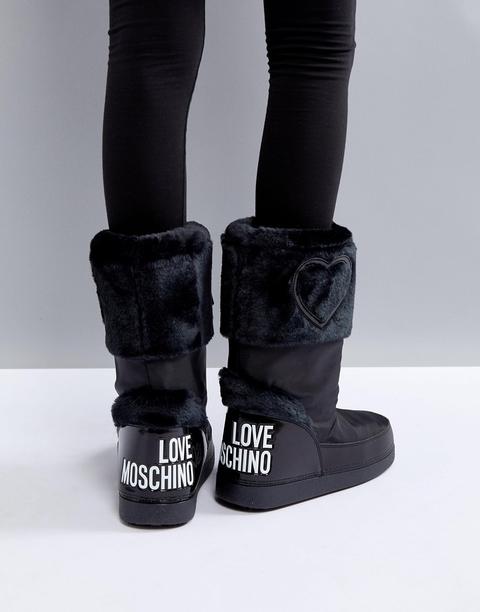 Love Moschino - Stivali Da Neve Con Logo E Pelliccia Sintetica - Nero