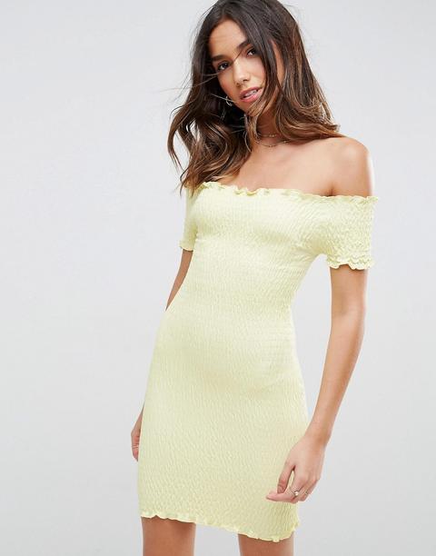 Asos Bardot Bodycon Mini Sundress In Shirring - Yellow