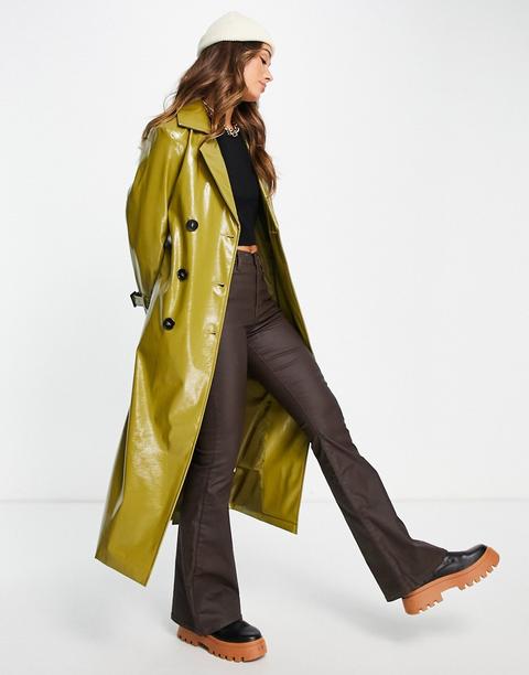 Na-kd Vinyl Trench Coat In Olive-green