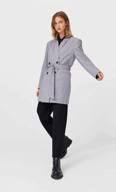 Stradivarius Veste De Tailleur Oversize Avec Ceinture Femme Gris Mélangé S