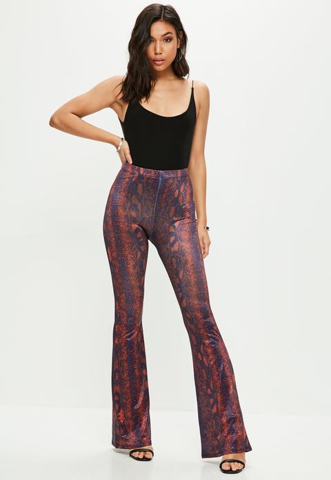 Brown Snake Print Kick Flare Trousers