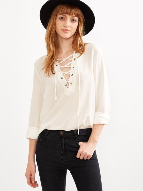 Blusa Asimétrica Con Escote V Y Cordón Blanco