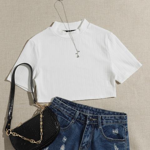 Mock-neck Rib-knit Crop Top