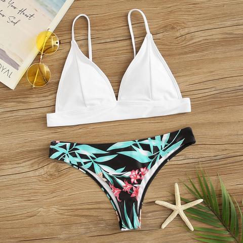 Set Bikini Top Triangolo Con Stampa Tropicale