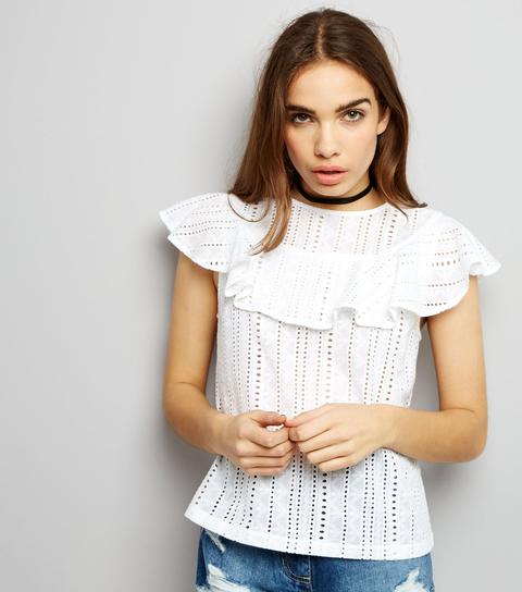White Cut Out Frill Trim Short Sleeve Top