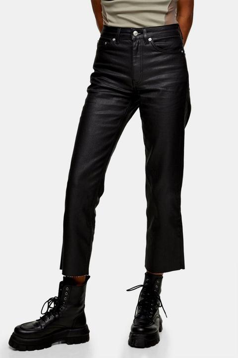 Black Coated Leather Look Straight Jeans