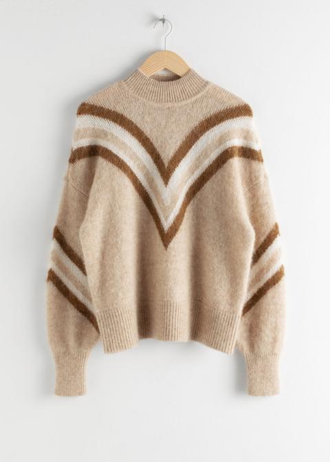 Mock Neck Varsity Stripe Sweater - Beige