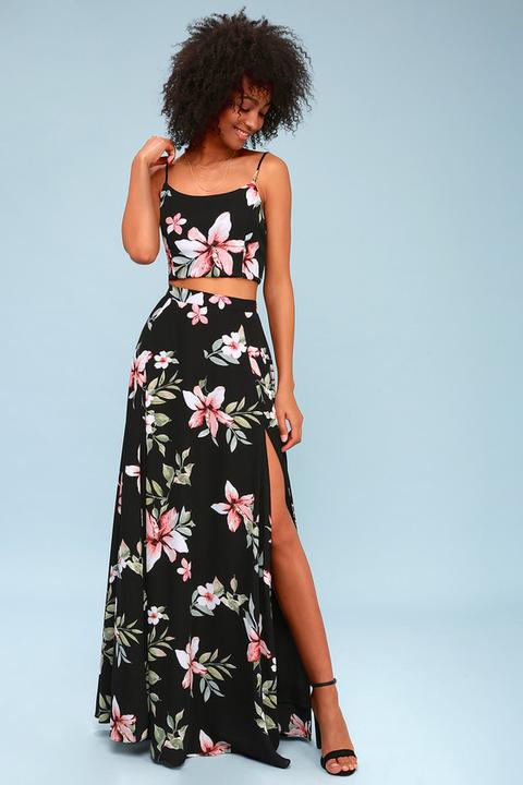 Barefoot At The Beach Black Floral Print Two-piece Maxi Dress - Lulus