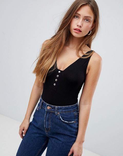 Bershka Popper Detail Ribbed Body In Black - Black