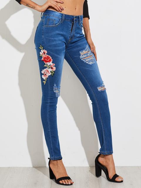 Pantaloni Di Jeans Con Applique Ricamato