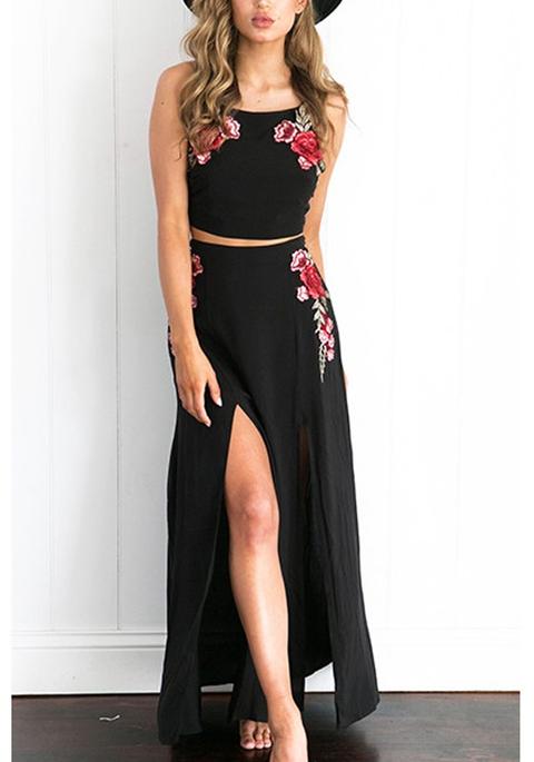 Black Flowers Pattern 2-in-1 Semicircular Sleeveless Fashion Maxi Dress