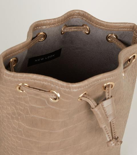 Mink Faux Croc Drawstring Bucket Bag New Look Vegan