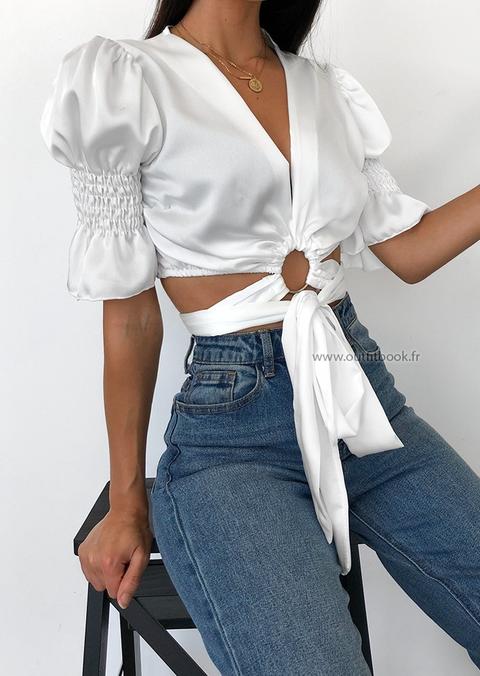 Top En Satin Blanc À Nouer