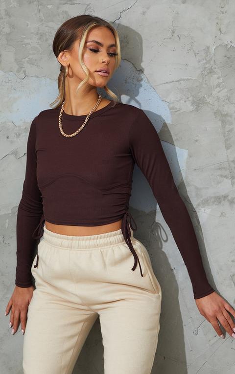 Chocolate Rib Underbust Drawstring Long Sleeve Crop Top