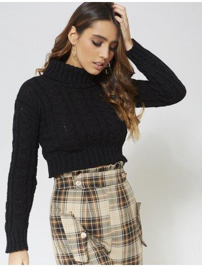 Black Roll Neck Cable Knitted Cropped Jumper