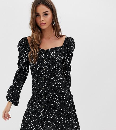 Prettylittlething Button Through Mini Dress With Sweetheart Neckline In Black Polka Dot