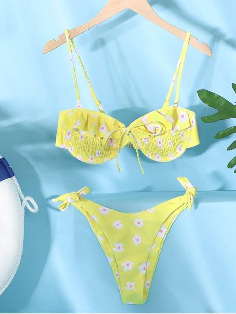 Zaful Bikini Anudado Con Estampado Floral Yellow