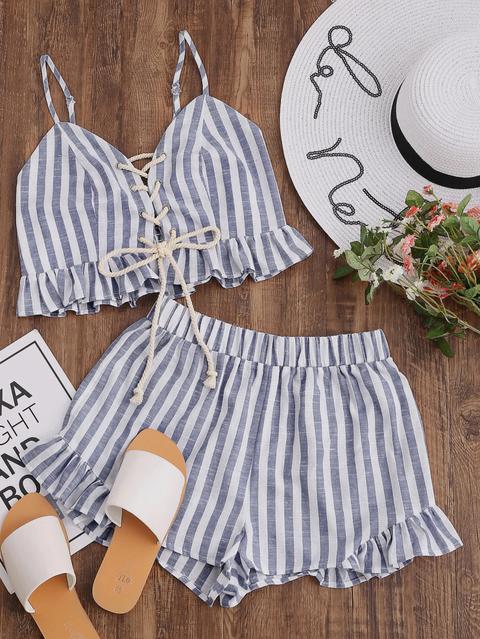 Striped Lace Up Smocked Cami And Ruffle Shorts Co-ord