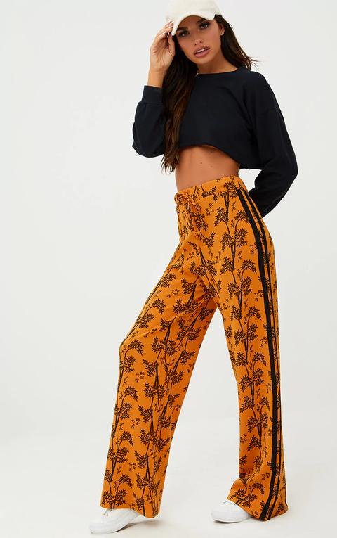 Mustard Oriental Print Wide Leg Track Pants, Yellow