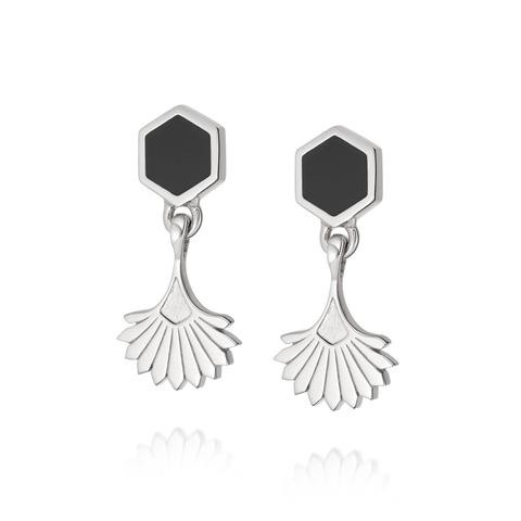 Hexagon Palm Drop Fan Earrings Sterling Silver