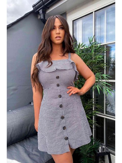 Mono Gingham Button Detail Strap Dress