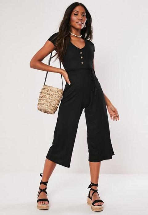 Tall Black Ribbed V Front Culotte Jumpsuit, Black