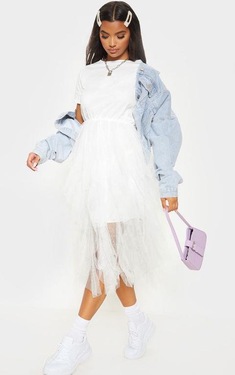 White Tulle Detail T Shirt Dress