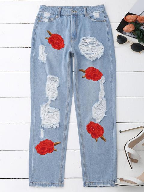 Flower Embroidered Ripped Jeans