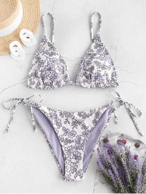 Zaful Bikini Reversible Floral Con Lazo Lateral Lavender Blue