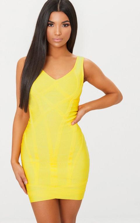 Yellow Bandage Plunge Wrap Skirt Bodycon Dress